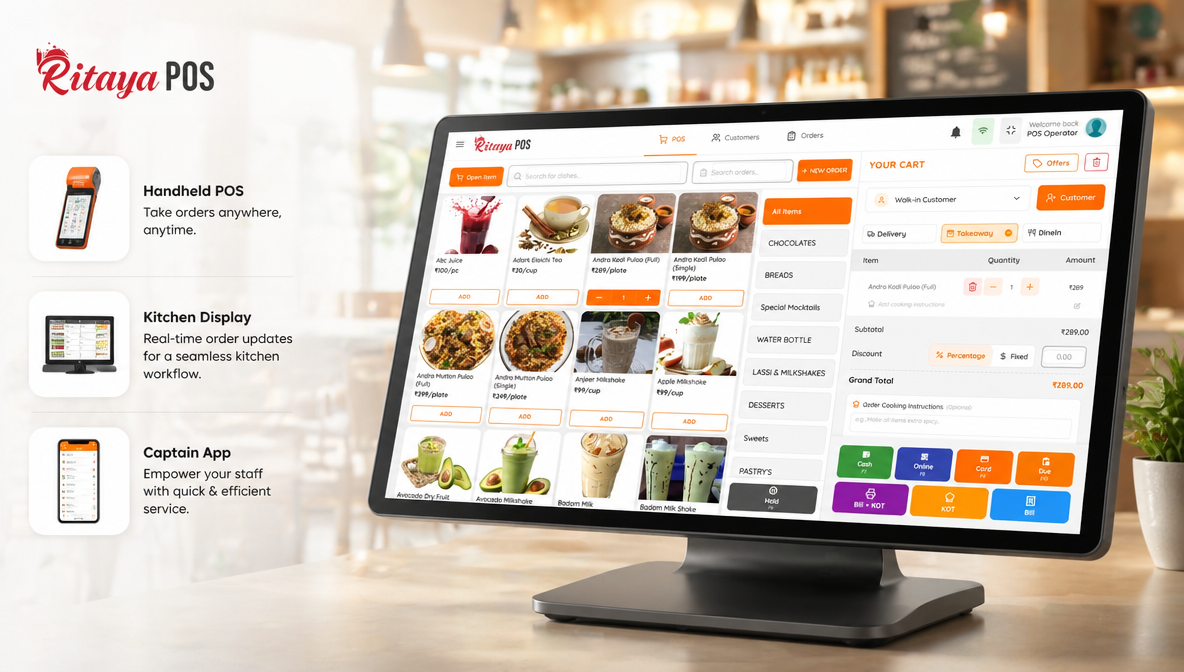 Ritaya POS — billing terminal, handheld device and tablet at a café counter